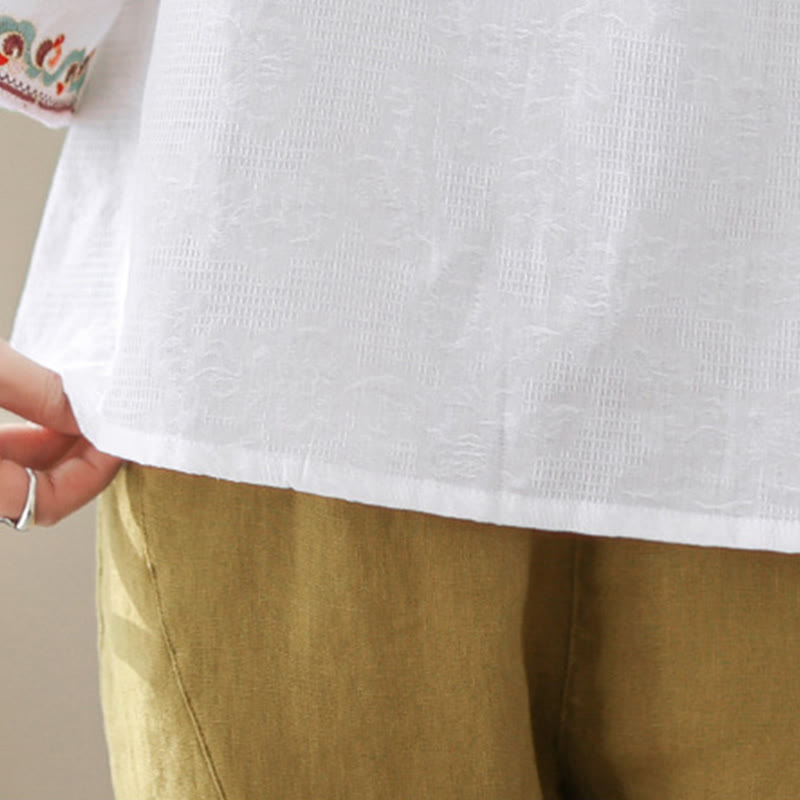 Nimara Ritual Jacquard Frog-button Stand Collar Embroidered Three Quarter Sleeve Design Women's Cotton Shirt