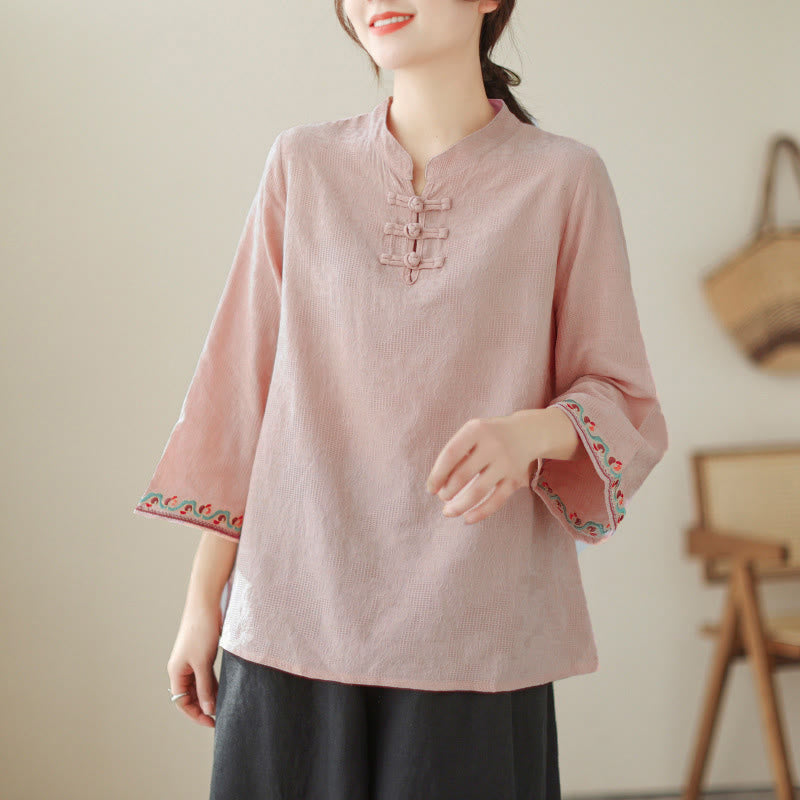 Nimara Ritual Jacquard Frog-button Stand Collar Embroidered Three Quarter Sleeve Design Women's Cotton Shirt