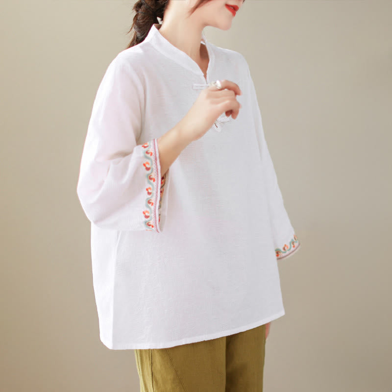 Nimara Ritual Jacquard Frog-button Stand Collar Embroidered Three Quarter Sleeve Design Women's Cotton Shirt