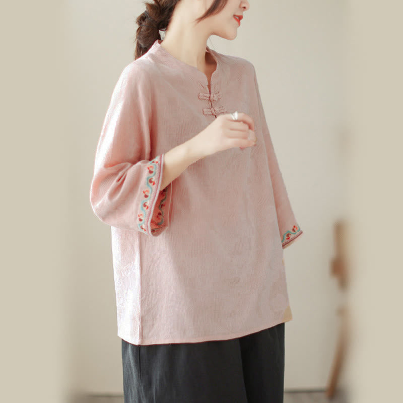 Nimara Ritual Jacquard Frog-button Stand Collar Embroidered Three Quarter Sleeve Design Women's Cotton Shirt