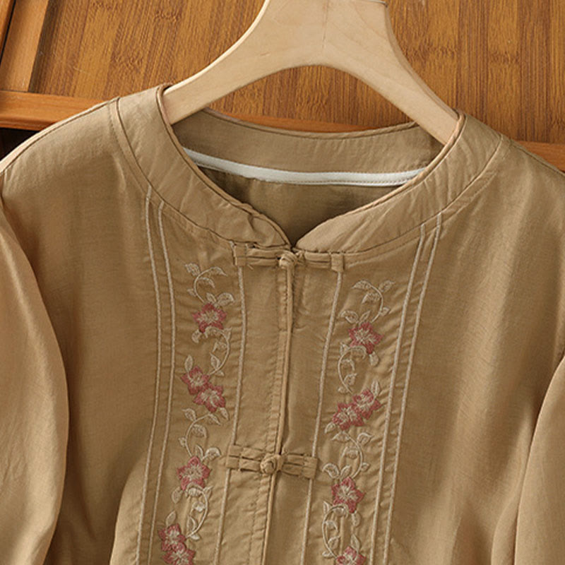 Nimara Ritual Frog-button Stand Collar Embroidered Flower Elastic Cuff Three Quarter Sleeve Women's Shirt