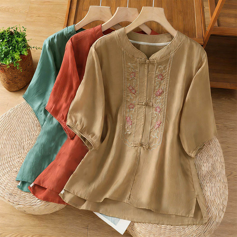 Nimara Ritual Frog-button Stand Collar Embroidered Flower Elastic Cuff Three Quarter Sleeve Women's Shirt