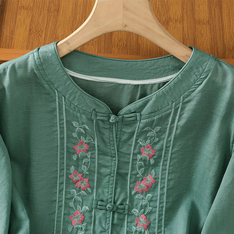 Nimara Ritual Frog-button Stand Collar Embroidered Flower Elastic Cuff Three Quarter Sleeve Women's Shirt