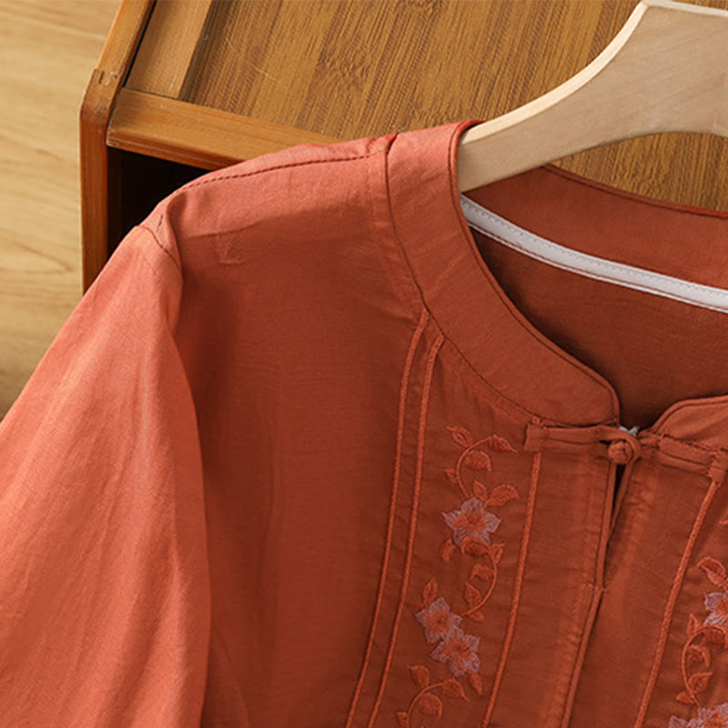 Nimara Ritual Frog-button Stand Collar Embroidered Flower Elastic Cuff Three Quarter Sleeve Women's Shirt