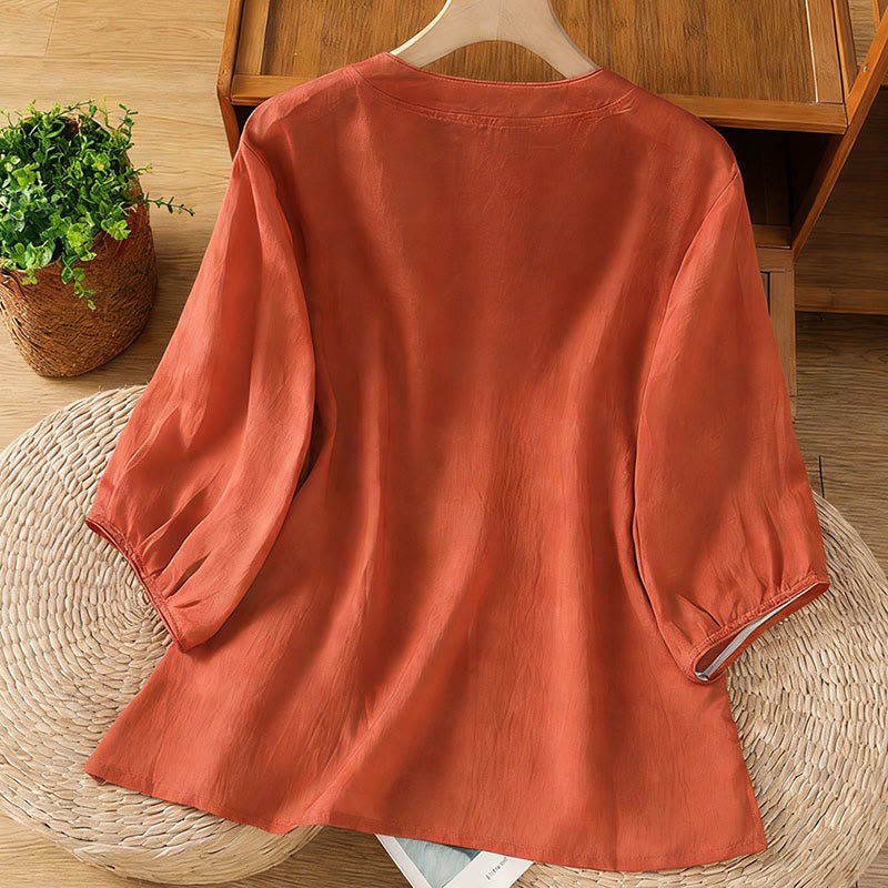 Nimara Ritual Frog-button Stand Collar Embroidered Flower Elastic Cuff Three Quarter Sleeve Women's Shirt