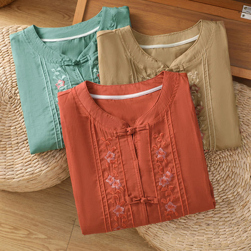 Nimara Ritual Frog-button Stand Collar Embroidered Flower Elastic Cuff Three Quarter Sleeve Women's Shirt