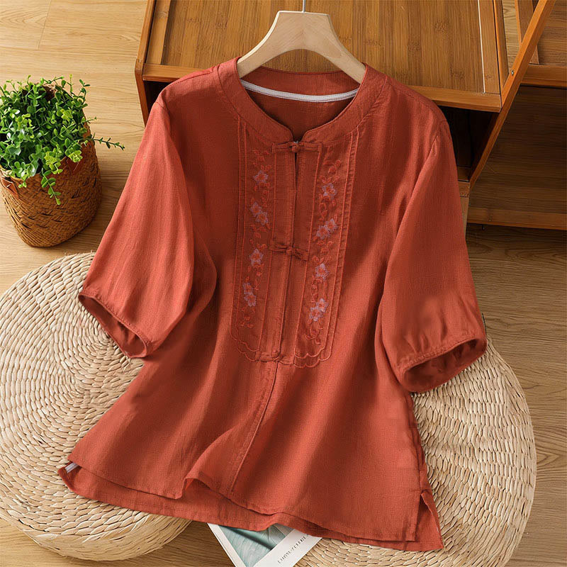 Nimara Ritual Frog-button Stand Collar Embroidered Flower Elastic Cuff Three Quarter Sleeve Women's Shirt