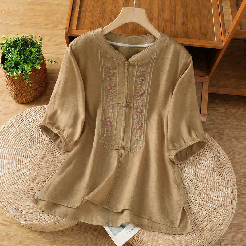 Nimara Ritual Frog-button Stand Collar Embroidered Flower Elastic Cuff Three Quarter Sleeve Women's Shirt