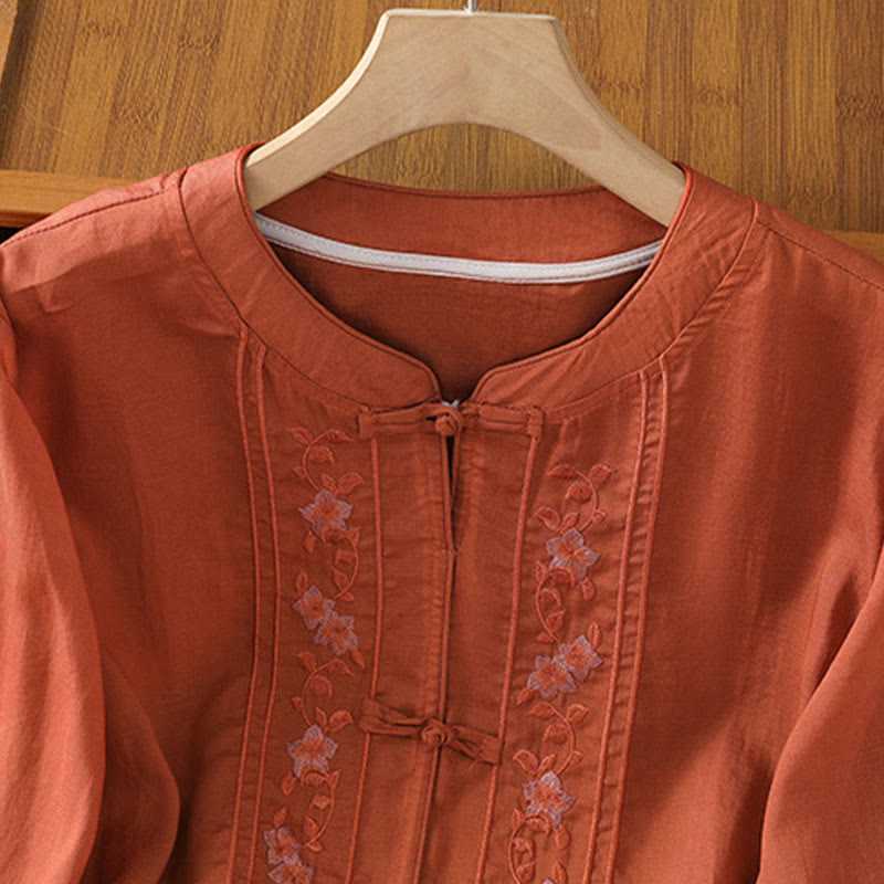 Nimara Ritual Frog-button Stand Collar Embroidered Flower Elastic Cuff Three Quarter Sleeve Women's Shirt