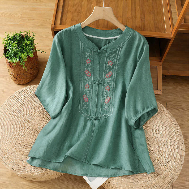 Nimara Ritual Frog-button Stand Collar Embroidered Flower Elastic Cuff Three Quarter Sleeve Women's Shirt