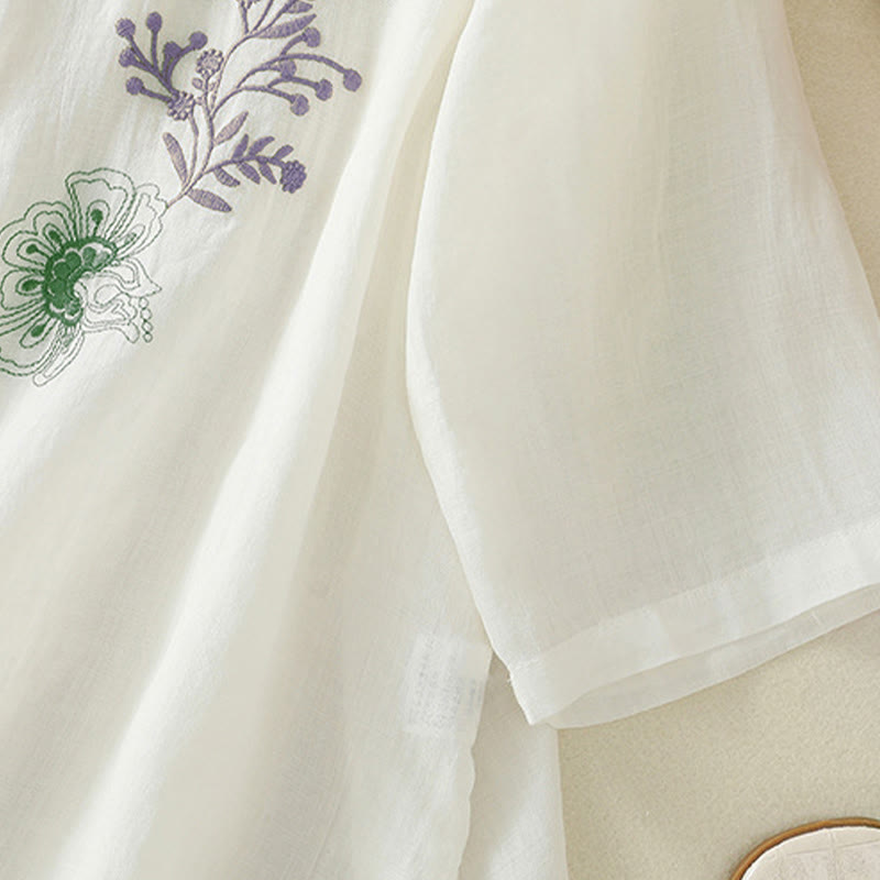 Nimara Ritual Embroidery Pleated Design Stand Collar Three Quarter Sleeve Side Slit Hem Women's Cotton Shirt