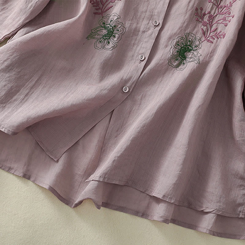 Nimara Ritual Embroidery Pleated Design Stand Collar Three Quarter Sleeve Side Slit Hem Women's Cotton Shirt