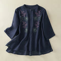 Nimara Ritual Embroidery Pleated Design Stand Collar Three Quarter Sleeve Side Slit Hem Women's Cotton Shirt