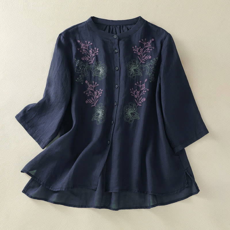 Nimara Ritual Embroidery Pleated Design Stand Collar Three Quarter Sleeve Side Slit Hem Women's Cotton Shirt