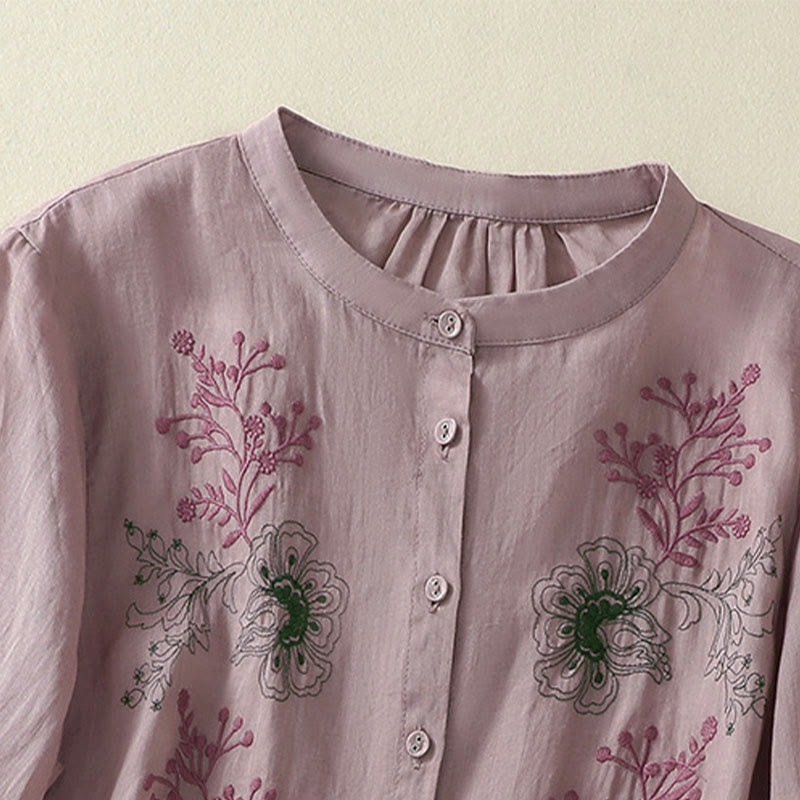 Nimara Ritual Embroidery Pleated Design Stand Collar Three Quarter Sleeve Side Slit Hem Women's Cotton Shirt