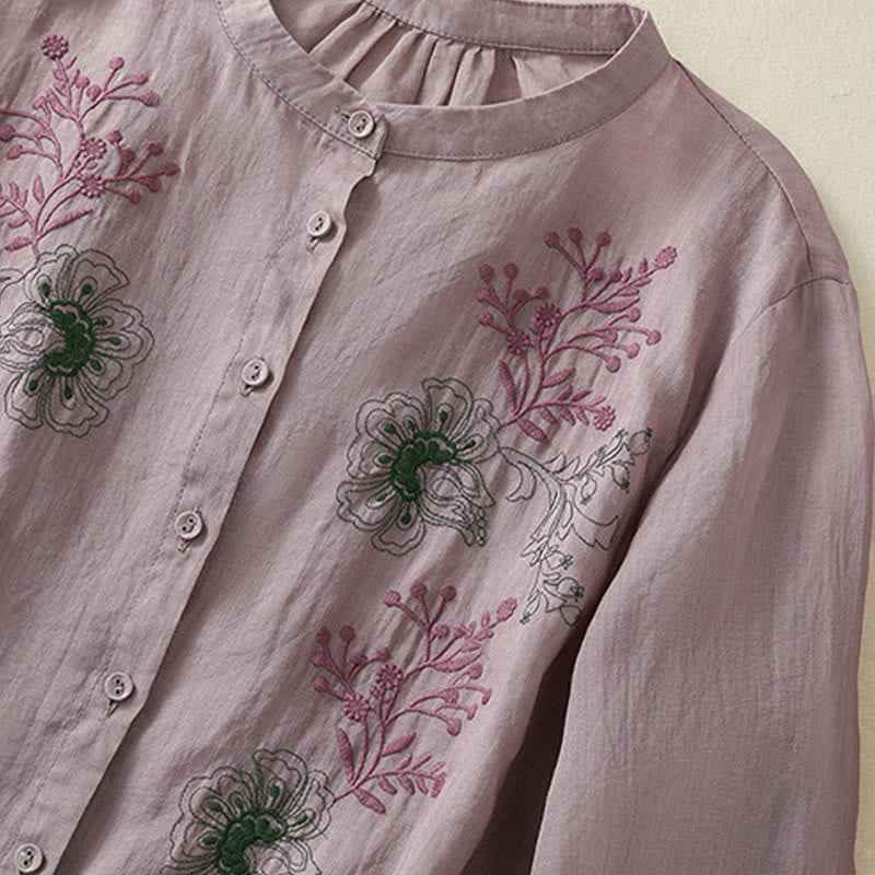 Nimara Ritual Embroidery Pleated Design Stand Collar Three Quarter Sleeve Side Slit Hem Women's Cotton Shirt