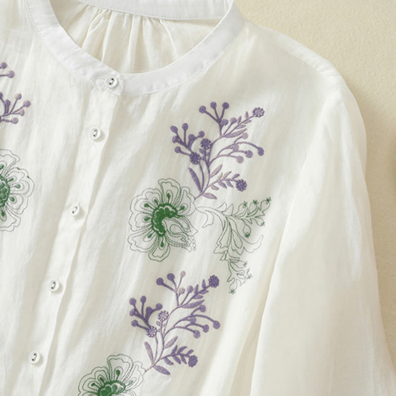 Nimara Ritual Embroidery Pleated Design Stand Collar Three Quarter Sleeve Side Slit Hem Women's Cotton Shirt