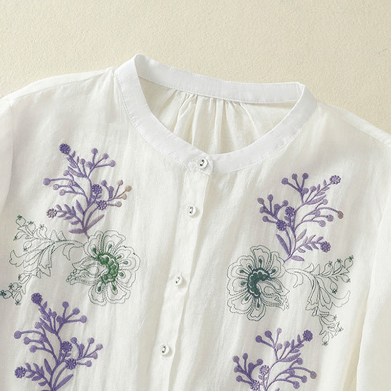 Nimara Ritual Embroidery Pleated Design Stand Collar Three Quarter Sleeve Side Slit Hem Women's Cotton Shirt