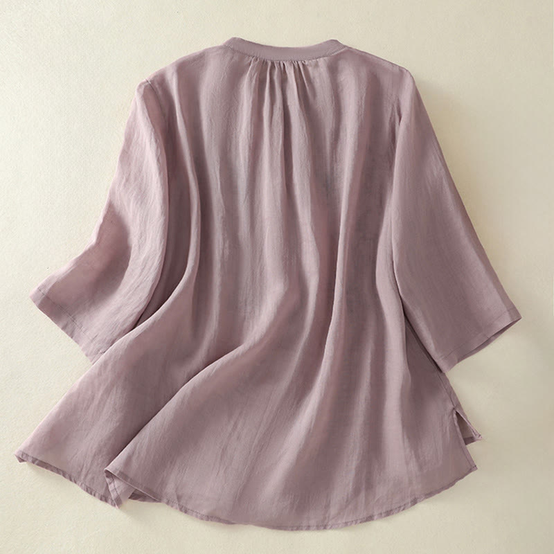 Nimara Ritual Embroidery Pleated Design Stand Collar Three Quarter Sleeve Side Slit Hem Women's Cotton Shirt