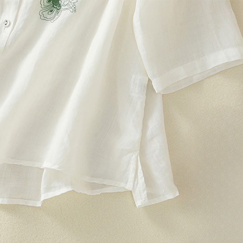 Nimara Ritual Embroidery Pleated Design Stand Collar Three Quarter Sleeve Side Slit Hem Women's Cotton Shirt