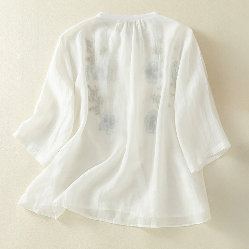 Nimara Ritual Embroidery Pleated Design Stand Collar Three Quarter Sleeve Side Slit Hem Women's Cotton Shirt