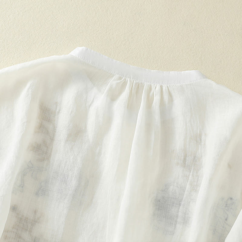 Nimara Ritual Embroidery Pleated Design Stand Collar Three Quarter Sleeve Side Slit Hem Women's Cotton Shirt