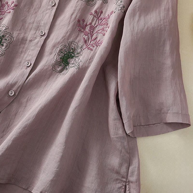 Nimara Ritual Embroidery Pleated Design Stand Collar Three Quarter Sleeve Side Slit Hem Women's Cotton Shirt