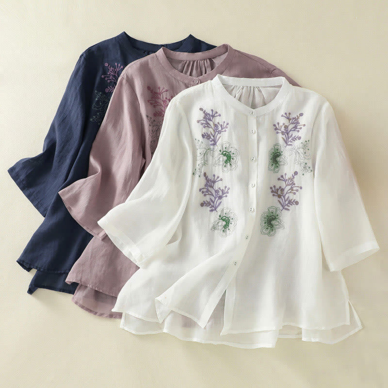 Nimara Ritual Embroidery Pleated Design Stand Collar Three Quarter Sleeve Side Slit Hem Women's Cotton Shirt