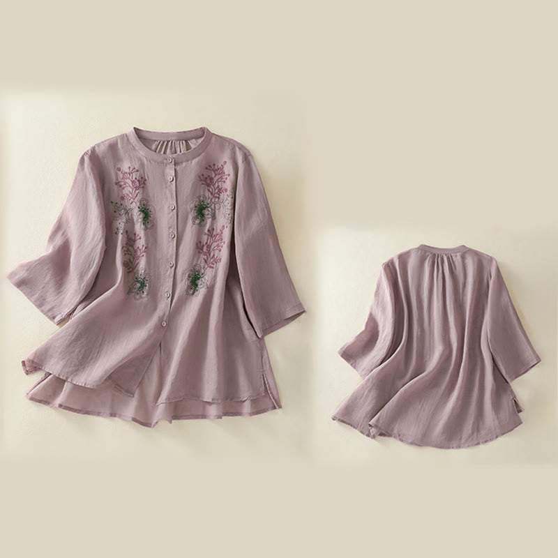 Nimara Ritual Embroidery Pleated Design Stand Collar Three Quarter Sleeve Side Slit Hem Women's Cotton Shirt