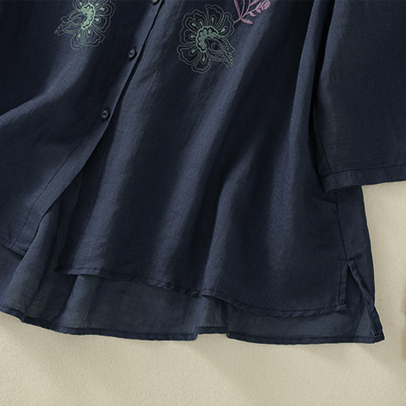 Nimara Ritual Embroidery Pleated Design Stand Collar Three Quarter Sleeve Side Slit Hem Women's Cotton Shirt