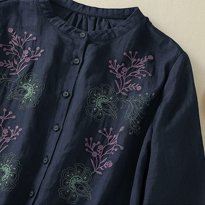 Nimara Ritual Embroidery Pleated Design Stand Collar Three Quarter Sleeve Side Slit Hem Women's Cotton Shirt