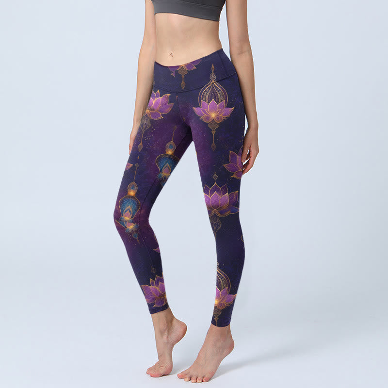 Nimara Ritual Dreamlike Lotus Flower Lantern Print Gym Leggings Women's Yoga Pants