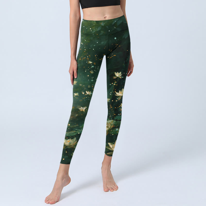 Nimara Ritual Dreamlike Lotus Flower Leaf Print Gym Leggings Women's Yoga Pants