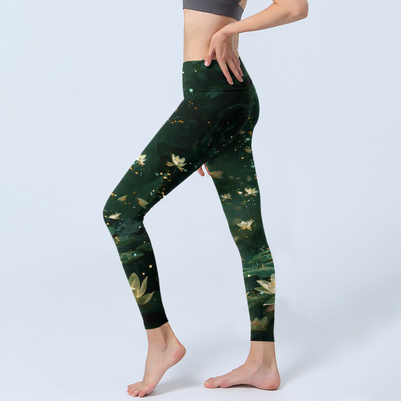 Nimara Ritual Dreamlike Lotus Flower Leaf Print Gym Leggings Women's Yoga Pants