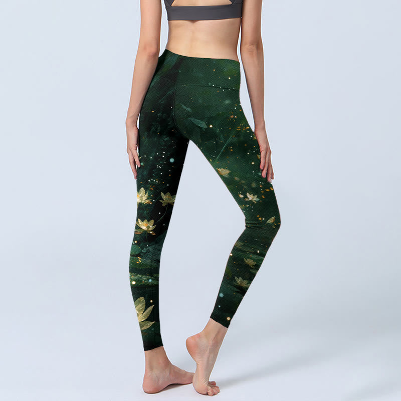 Nimara Ritual Dreamlike Lotus Flower Leaf Print Gym Leggings Women's Yoga Pants