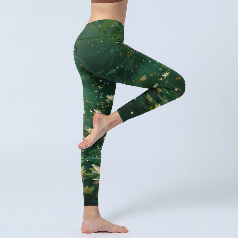 Nimara Ritual Dreamlike Lotus Flower Leaf Print Gym Leggings Women's Yoga Pants