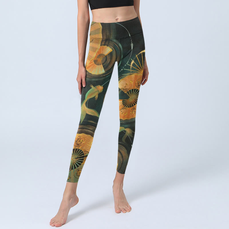 Nimara Ritual Gorgeous Folding Fan Koi Fish Print Gym Leggings Women's Yoga Pants