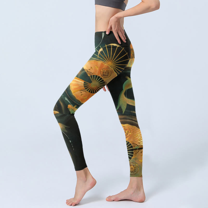 Nimara Ritual Gorgeous Folding Fan Koi Fish Print Gym Leggings Women's Yoga Pants