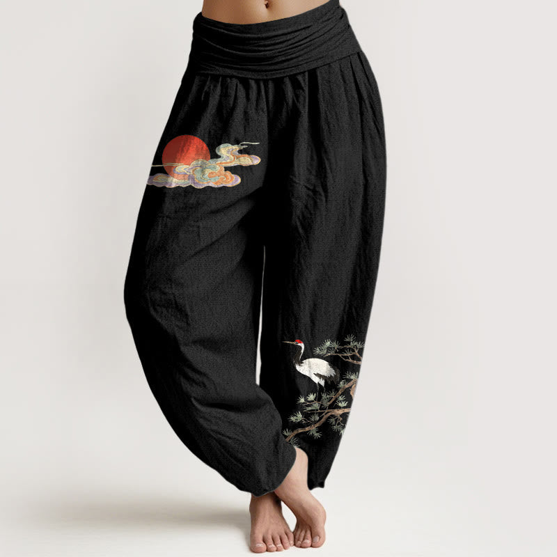 Nimara Ritual Pure Cotton Concise Sun Cloud Crane Pine Tree Pattern Women's Elastic Waist Harem Pants