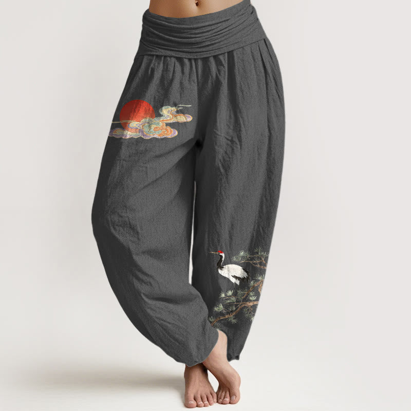 Nimara Ritual Pure Cotton Concise Sun Cloud Crane Pine Tree Pattern Women's Elastic Waist Harem Pants