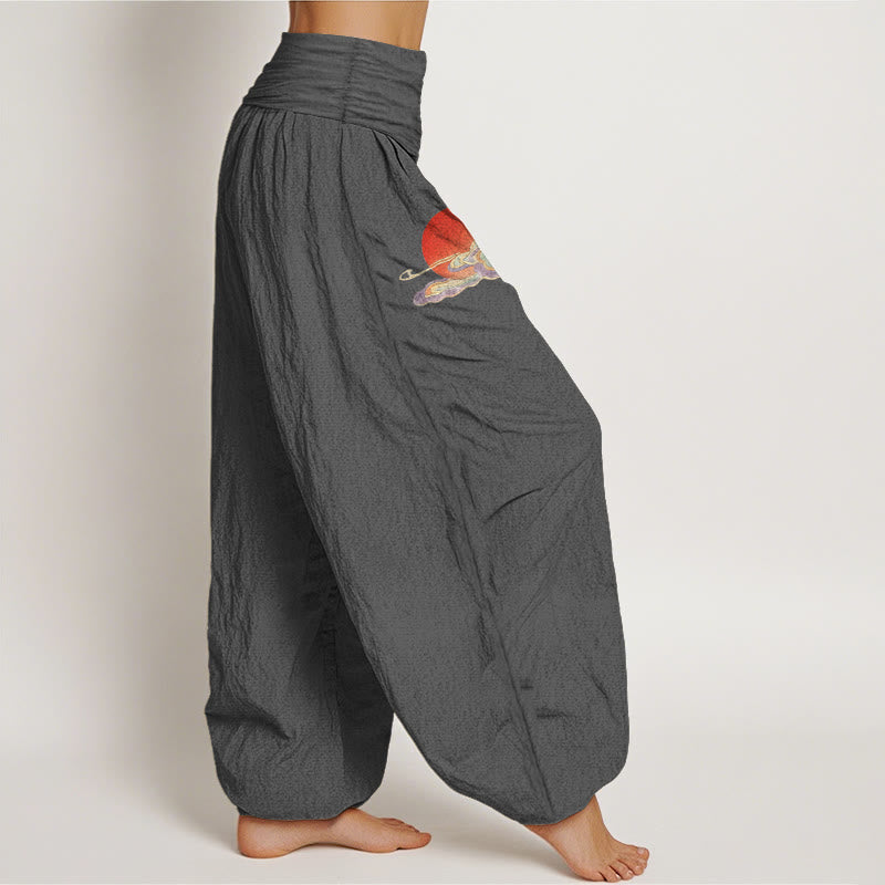 Nimara Ritual Pure Cotton Concise Sun Cloud Crane Pine Tree Pattern Women's Elastic Waist Harem Pants