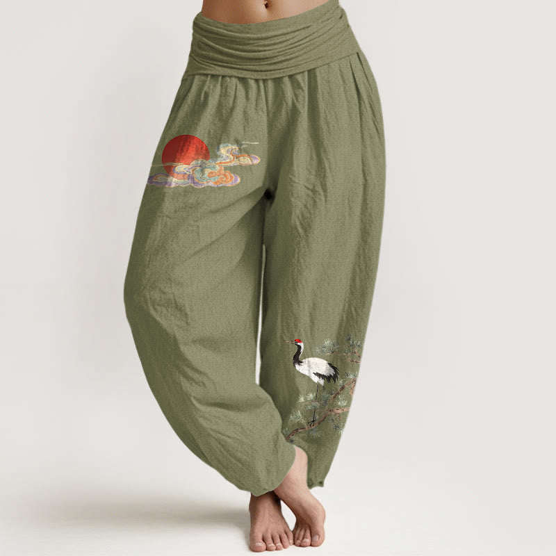 Nimara Ritual Pure Cotton Concise Sun Cloud Crane Pine Tree Pattern Women's Elastic Waist Harem Pants