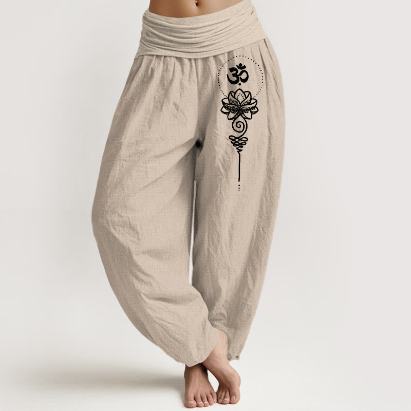 Nimara Ritual Pure Cotton Minimalist Style Om Symbol Lotus Pattern Women's Elastic Waist Harem Pants