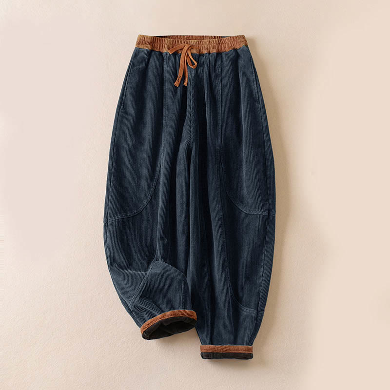 Nimara Ritual Color Contrast Corduroy Cotton Women's Thermal Fleece-Lined Harem Pants With Pockets