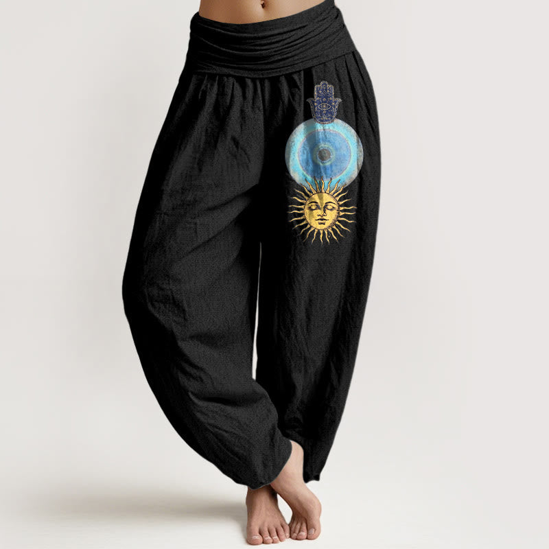Nimara Ritual Pure Cotton Minimalist Style Hamsa's Hand Sun Pattern Women's Elastic Waist Harem Pants