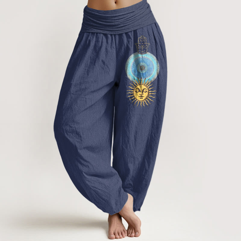 Nimara Ritual Pure Cotton Minimalist Style Hamsa's Hand Sun Pattern Women's Elastic Waist Harem Pants