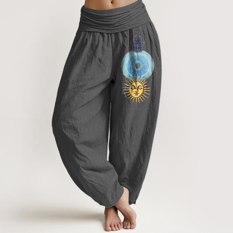 Nimara Ritual Pure Cotton Minimalist Style Hamsa's Hand Sun Pattern Women's Elastic Waist Harem Pants