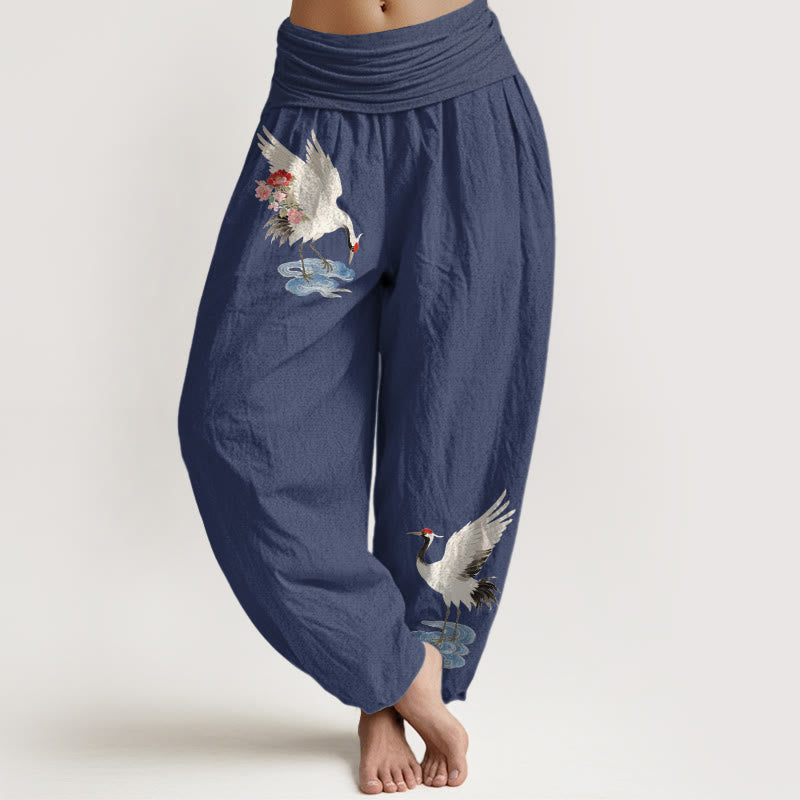 Nimara Ritual Pure Cotton Elegant Crane Flower Cloud Pattern Women's Elastic Waist Harem Pants