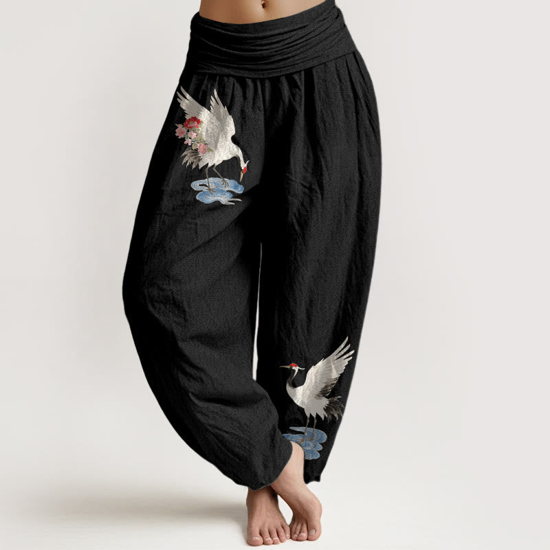 Nimara Ritual Pure Cotton Elegant Crane Flower Cloud Pattern Women's Elastic Waist Harem Pants