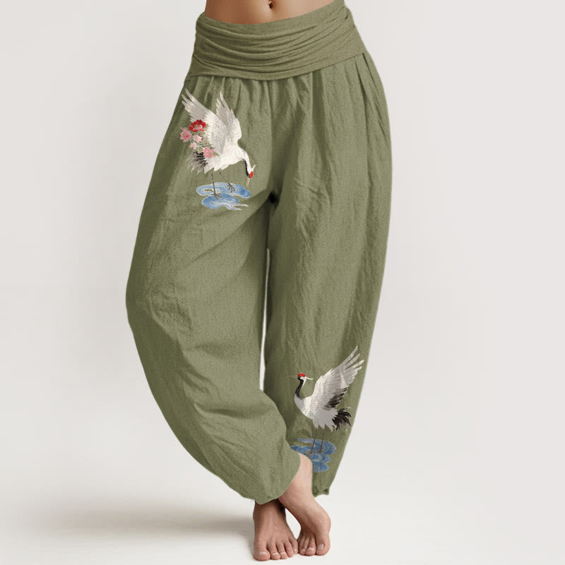 Nimara Ritual Pure Cotton Elegant Crane Flower Cloud Pattern Women's Elastic Waist Harem Pants